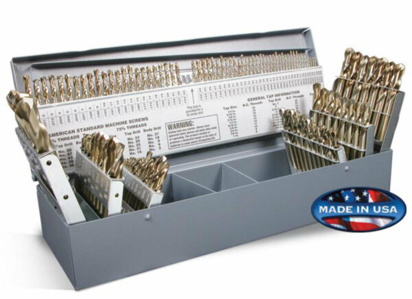 115 Piece Cobalt 135° Split Point Drill Set - Screw Machine, Fractional 1/16" to 1/2"; Letter Sizes A to Z; and Wire Sizes #1-#60