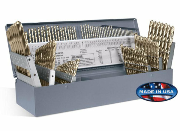 115 Piece Cobalt 135° Split Point Drill Set - Jobber Length, Fractional 1/16" to 1/2"; Letter Sizes A to Z; and Wire Sizes #1-#60