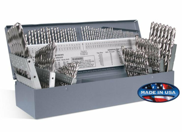 115 Piece Bright HSS 118° Precision Point Drill Set - Jobber Length, Fractional Sizes 1/16" to 1/2"; Letter Sizes A to Z; and Wire Sizes #1-#60
