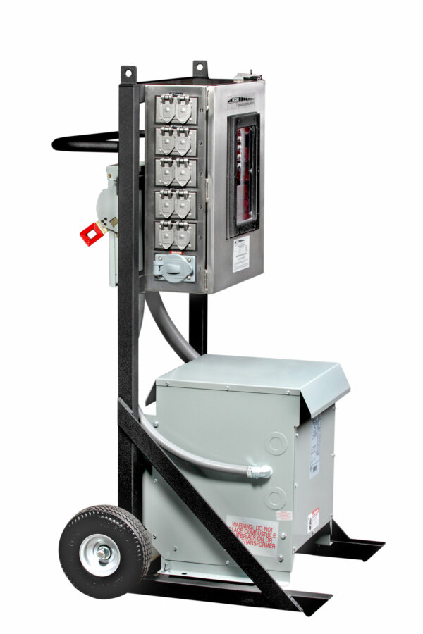 3-Phase Transformer Power Station, 2-Wheel Cart, with 6210DC Secondary Panel, 480V 3P4W to 125/250V 3P4W Dry-Type Single-Phase, 25kVA Transformer; 60A Primary Disconnect; 100A Secondary Main Breaker