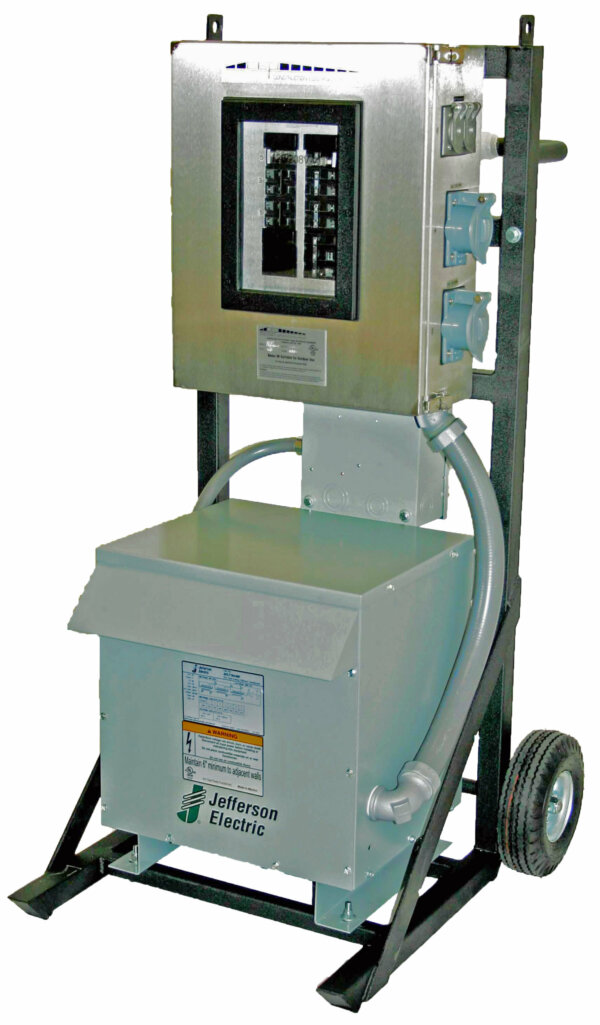 3-Phase Transformer Power Station, 4-Wheel Cart, with 6212DC Secondary Panel, 480V 3P4W to 120/208V 4P5W, 30kVA Transformer; 60A Primary Disconnect; 100A Secondary Main Breaker