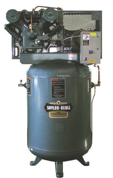 Saylor-Beall Performance Package Vertical Industrial Air Compressor, Electric Motor Driven, 5 HP, #705 Splash Lubricated Pump; 208-230-460V/1 Phase