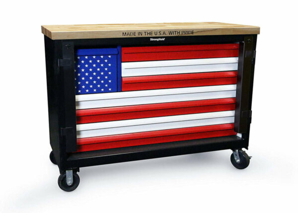 American Flag Tool Cart with Maple Wood Top, 60"W x 24"D x 50"H