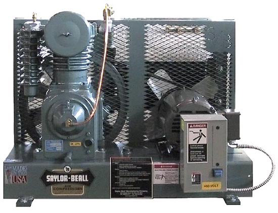 Saylor-Beall Base Mounted Industrial Air Compressor, 3 Phase Electric Motor Driven, 15 HP, #4500 Splash Lubricated Pump