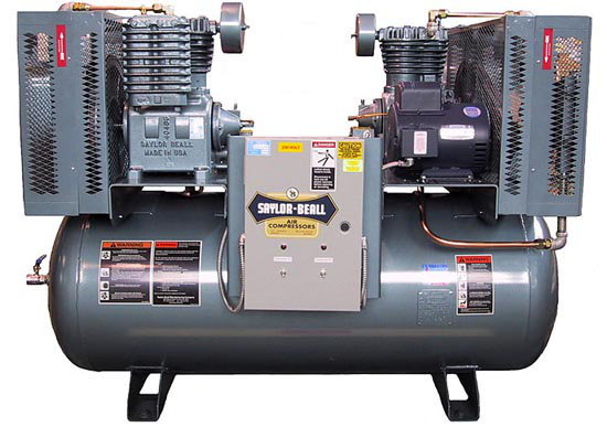 Saylor-Beall Duplex Industrial Air Compressor, 1 Phase Electric Motor Driven, 1-1/2 HP, #703 Splash Lubricated Pump