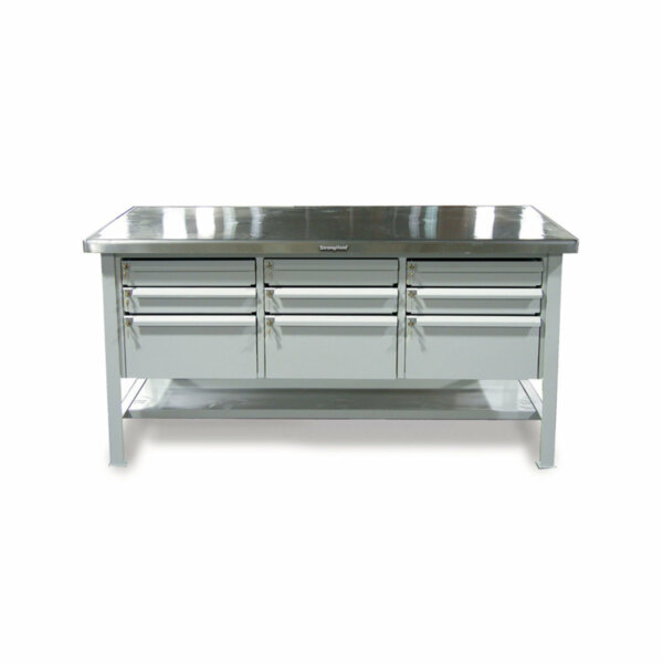 Industrial Shop Table with 9 Key-Lock Drawers and Stainless Steel Top, 72"W x 36"D x 34"H