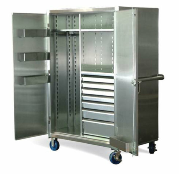 Stainless Steel Mobile Uniform Cabinet with 7 Drawers, 3 Shelves, 48"W x 34"D x 68"H
